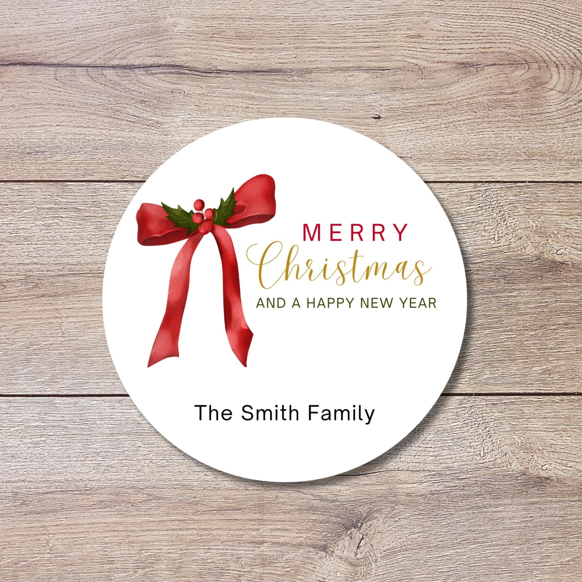 Christmas Bow Personalized Stickers, Custom Happy Holidays Name Labels for Gift Wrapping Party Favors