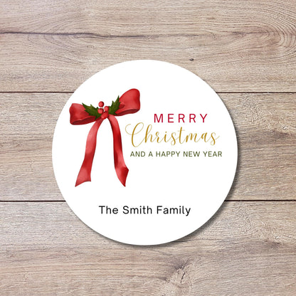Christmas Bow Personalized Stickers, Custom Happy Holidays Name Labels for Gift Wrapping Party Favors