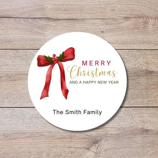 Christmas Bow Personalized Stickers, Custom Happy Holidays Name Labels for Gift Wrapping Party Favors