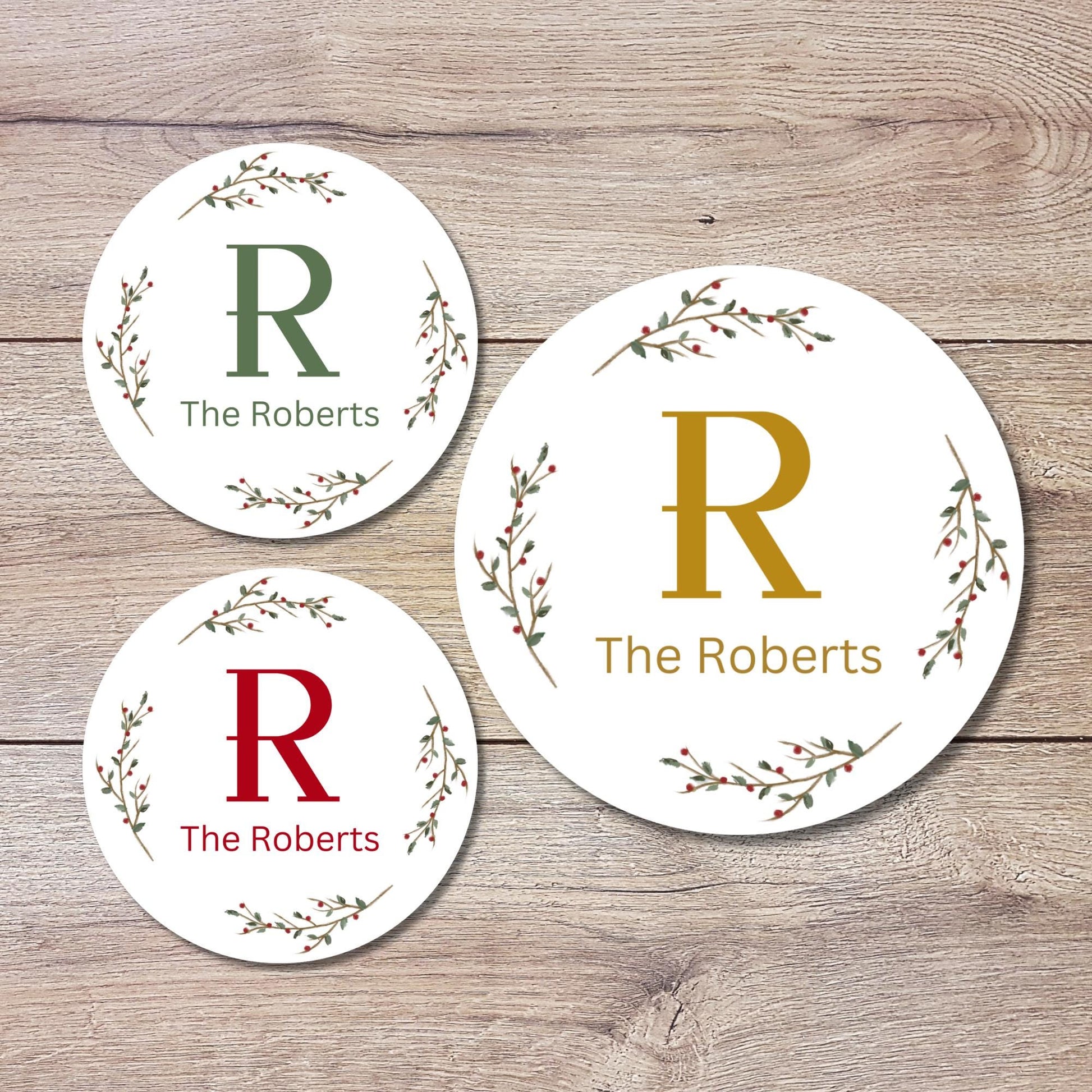 Christmas Floral Wreath Personalized Monogram Stickers, Custom Holiday Name Labels for Gift Wrapping Party Favors, Invitation Envelope Seals