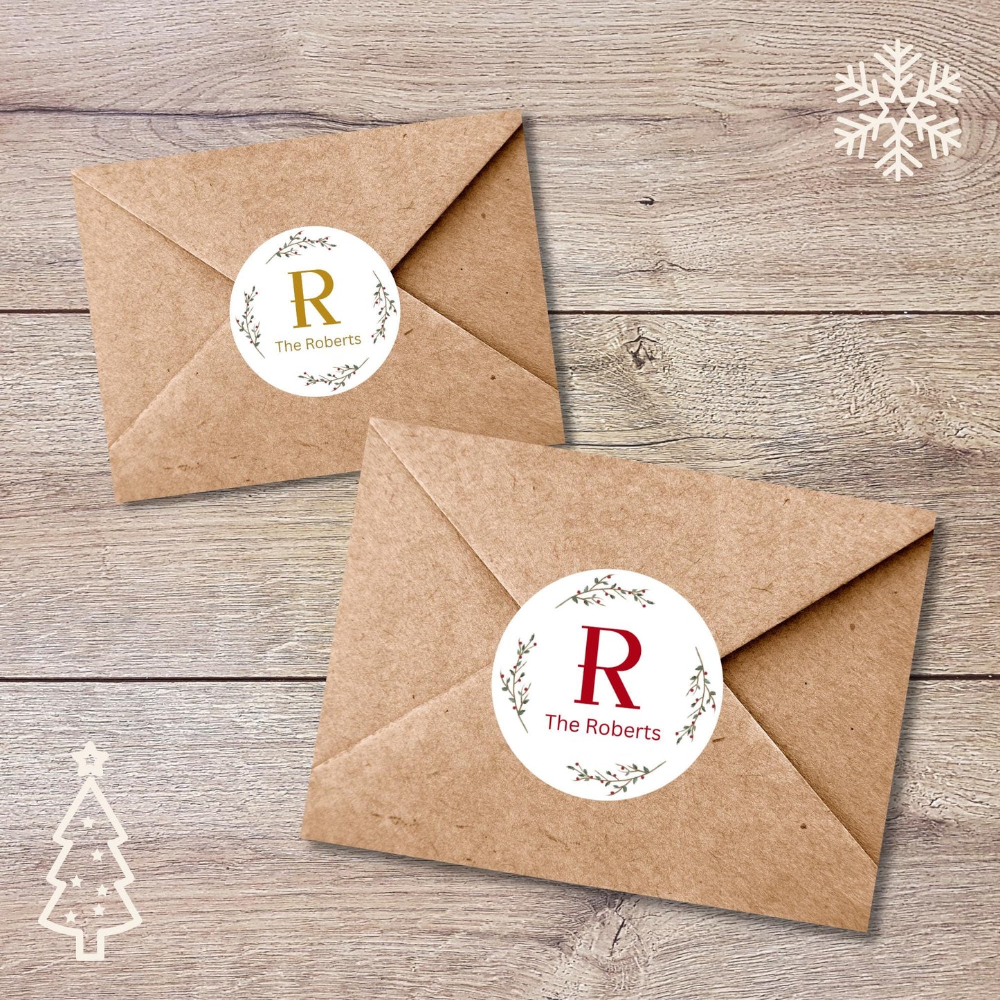 Christmas Floral Wreath Personalized Monogram Stickers, Custom Holiday Name Labels for Gift Wrapping Party Favors, Invitation Envelope Seals