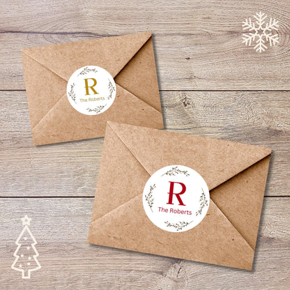 Christmas Floral Wreath Personalized Monogram Stickers, Custom Holiday Name Labels for Gift Wrapping Party Favors, Invitation Envelope Seals