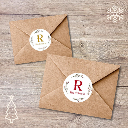 Christmas Floral Wreath Personalized Monogram Stickers, Custom Holiday Name Labels for Gift Wrapping Party Favors, Invitation Envelope Seals