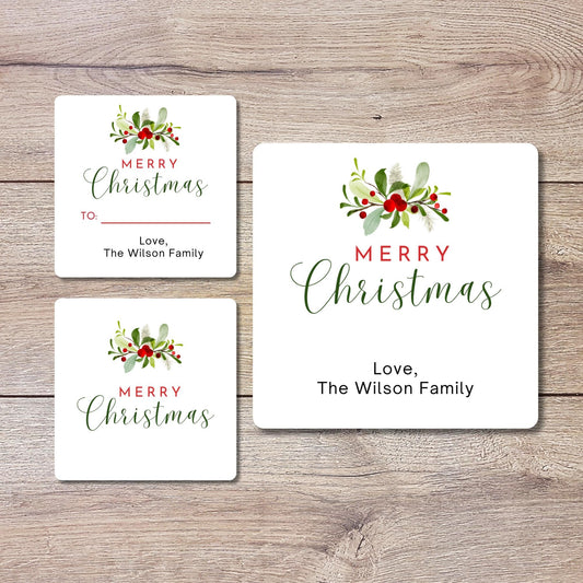 Floral Merry Christmas Gift Stickers, Personalized Christmas Present Gift Custom Name Labels