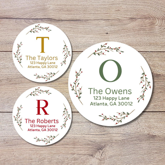 Christmas Floral Wreath Personalized Mongram Return Address Stickers, Custom Holiday Name Labels for Invitation Envelope Seals
