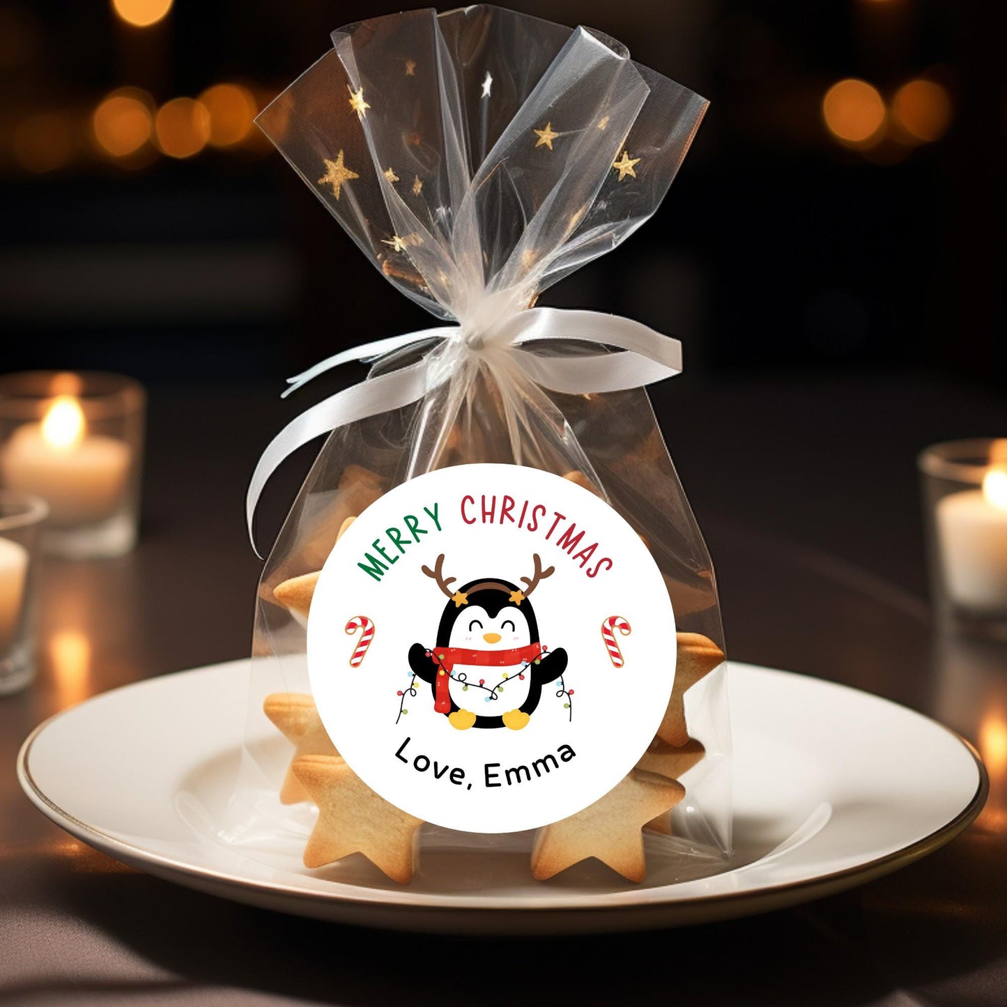 Merry Christmas Penguin Personalized Stickers, Custom Happy Holidays Name Labels for Gift Wrapping Party Favors