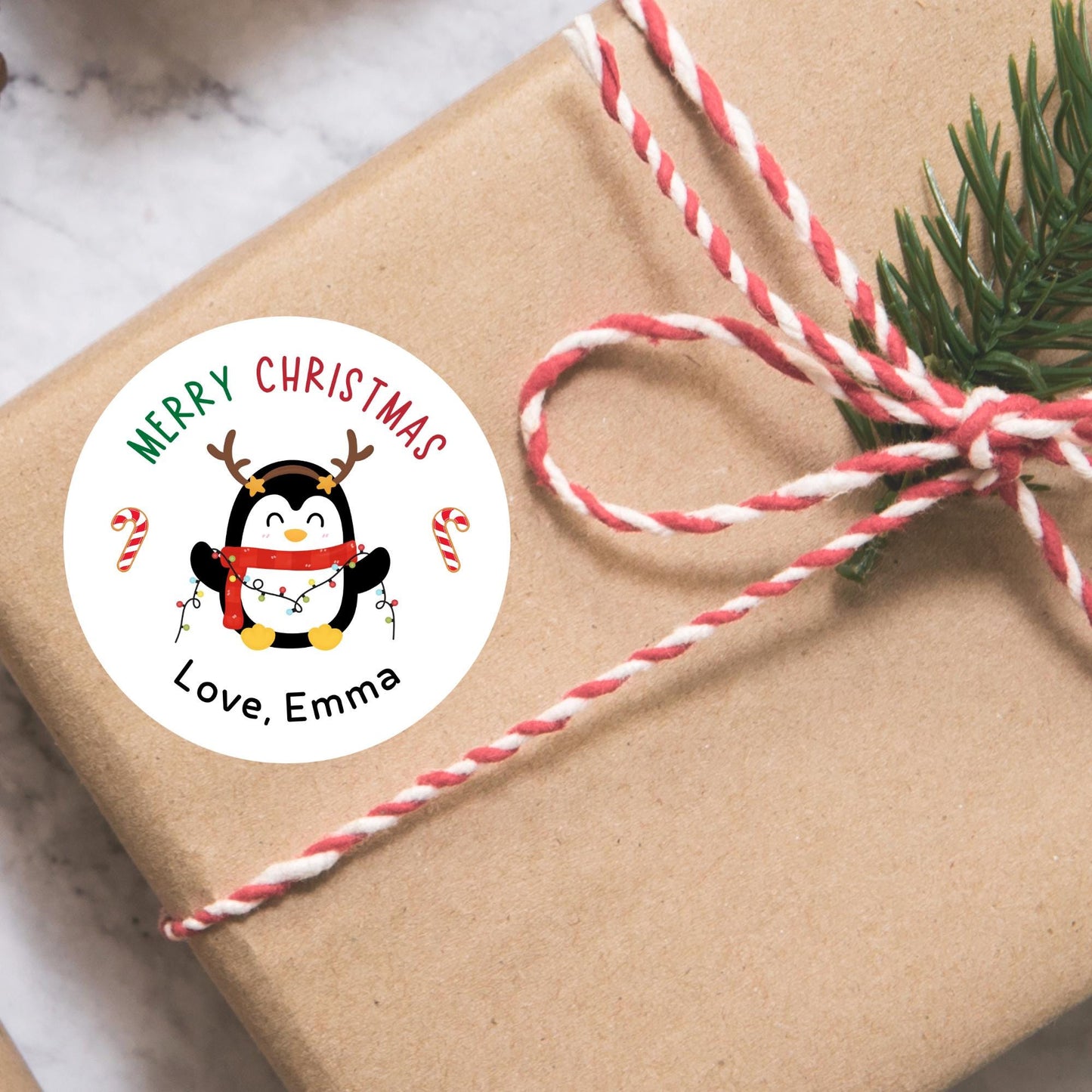 Merry Christmas Penguin Personalized Stickers, Custom Happy Holidays Name Labels for Gift Wrapping Party Favors