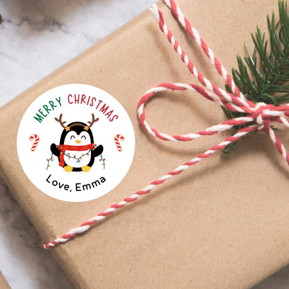 Merry Christmas Penguin Personalized Stickers, Custom Happy Holidays Name Labels for Gift Wrapping Party Favors