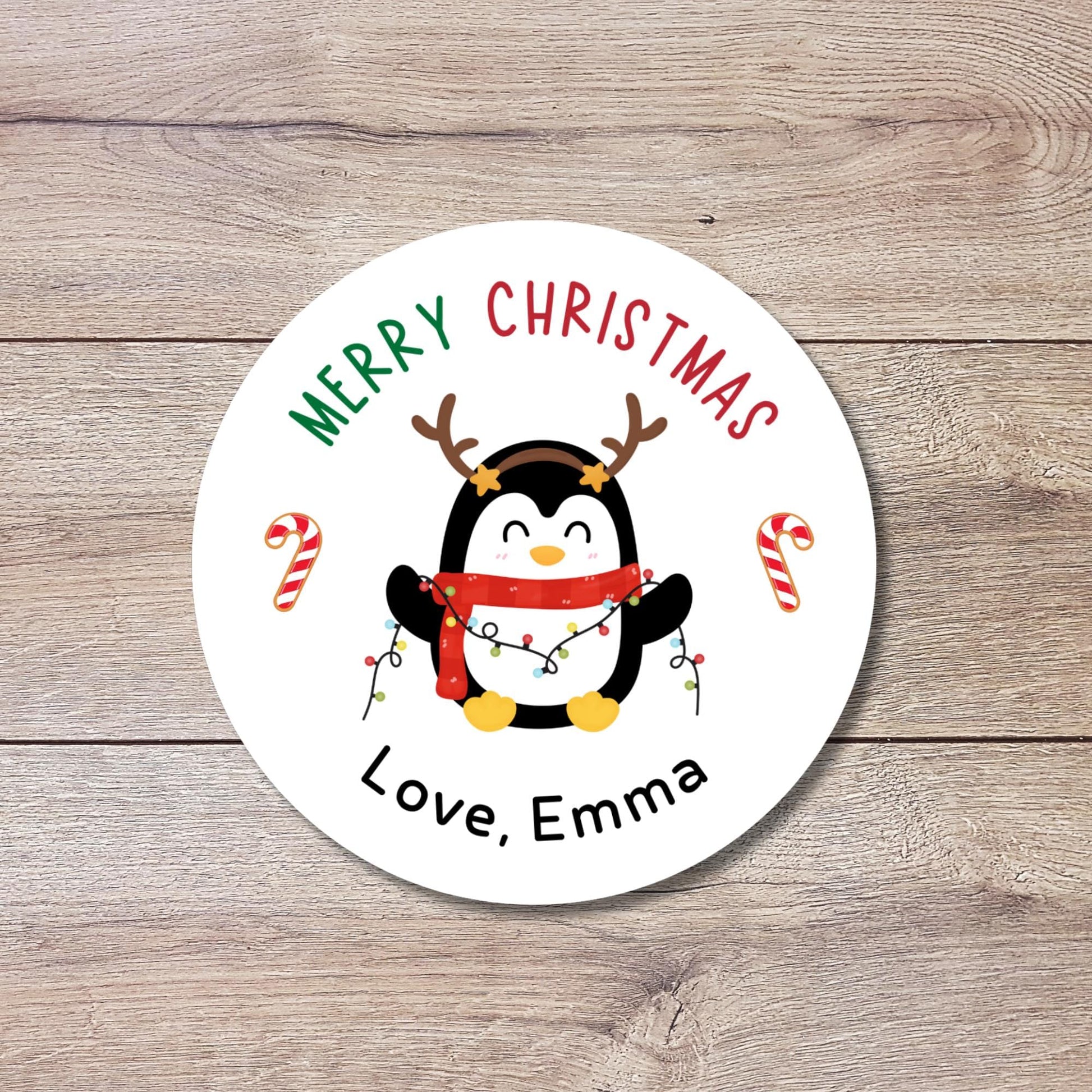 Merry Christmas Penguin Personalized Stickers, Custom Happy Holidays Name Labels for Gift Wrapping Party Favors