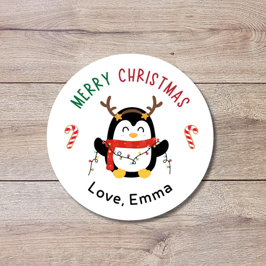 Merry Christmas Penguin Personalized Stickers, Custom Happy Holidays Name Labels for Gift Wrapping Party Favors