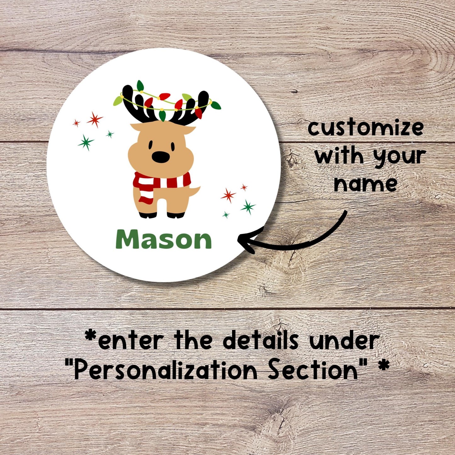 Reindeer Christmas Custom Name Gift Stickers, Personalized Kids Initials Christmas Present Gift Wrapping Labels