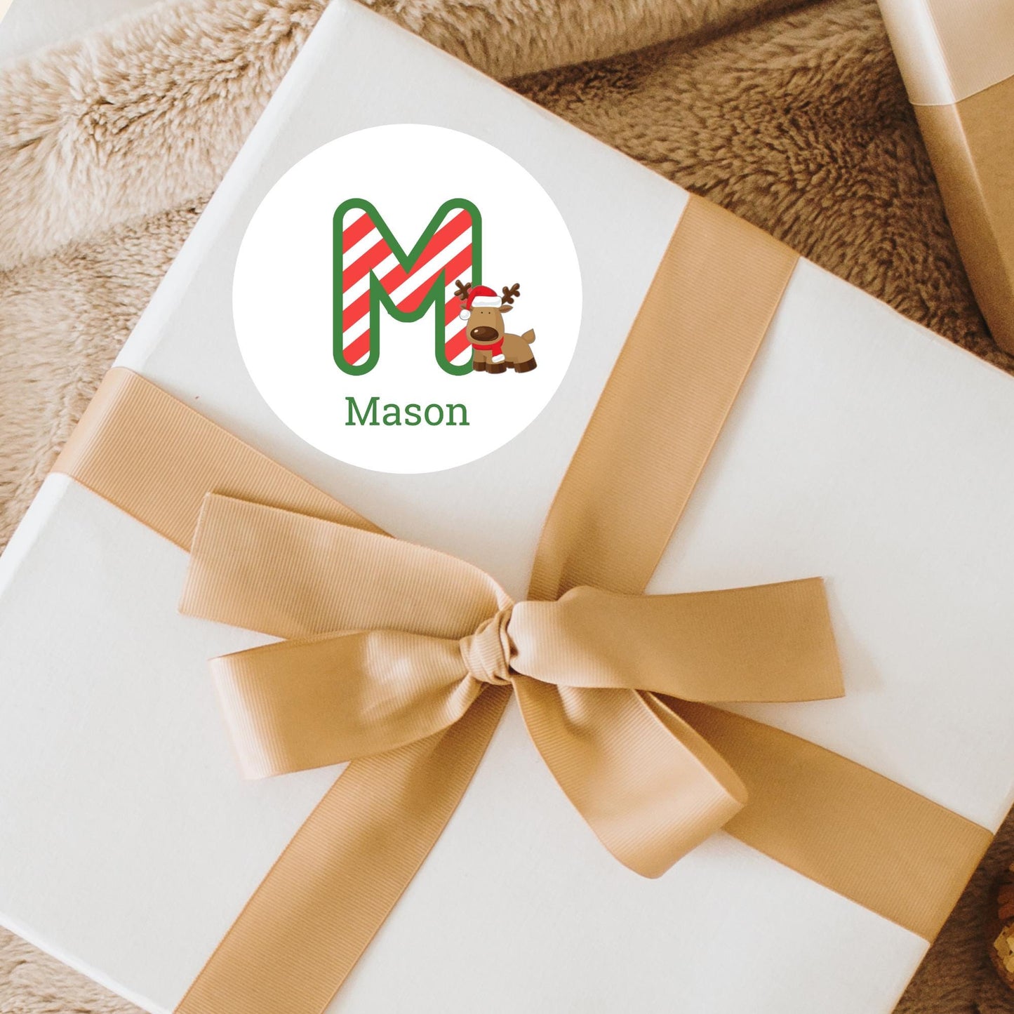 Reindeer Christmas Custom Initial Name Stickers, Personalized Kids Initials Christmas Present Gift Wrapping Labels