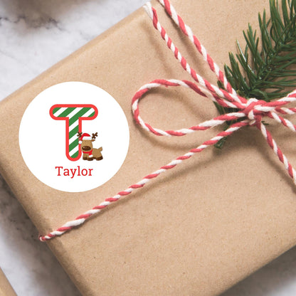 Reindeer Christmas Custom Initial Name Stickers, Personalized Kids Initials Christmas Present Gift Wrapping Labels