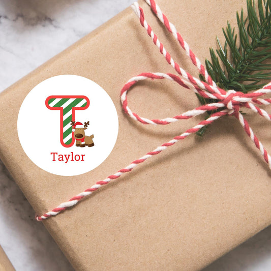 Reindeer Christmas Custom Initial Name Stickers, Personalized Kids Initials Christmas Present Gift Wrapping Labels
