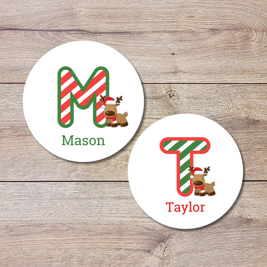 Reindeer Christmas Custom Initial Name Stickers, Personalized Kids Initials Christmas Present Gift Wrapping Labels