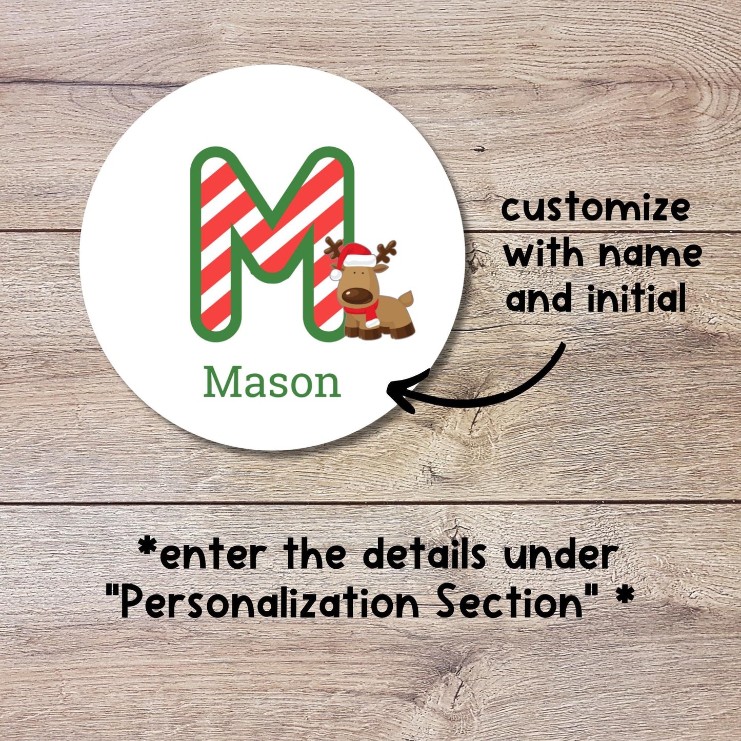 Reindeer Christmas Custom Initial Name Stickers, Personalized Kids Initials Christmas Present Gift Wrapping Labels
