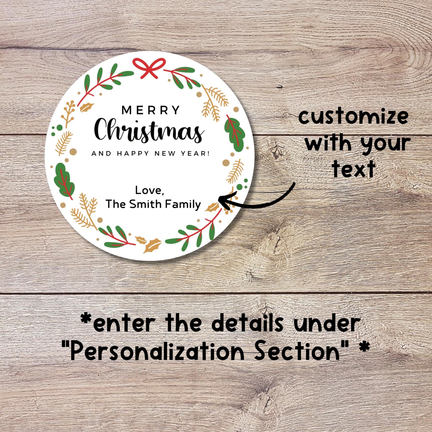 Merry Christmas & Happy New Year Floral Wreath Personalized Stickers, Custom Holidays Name Labels for Gift Wrapping Party Favors