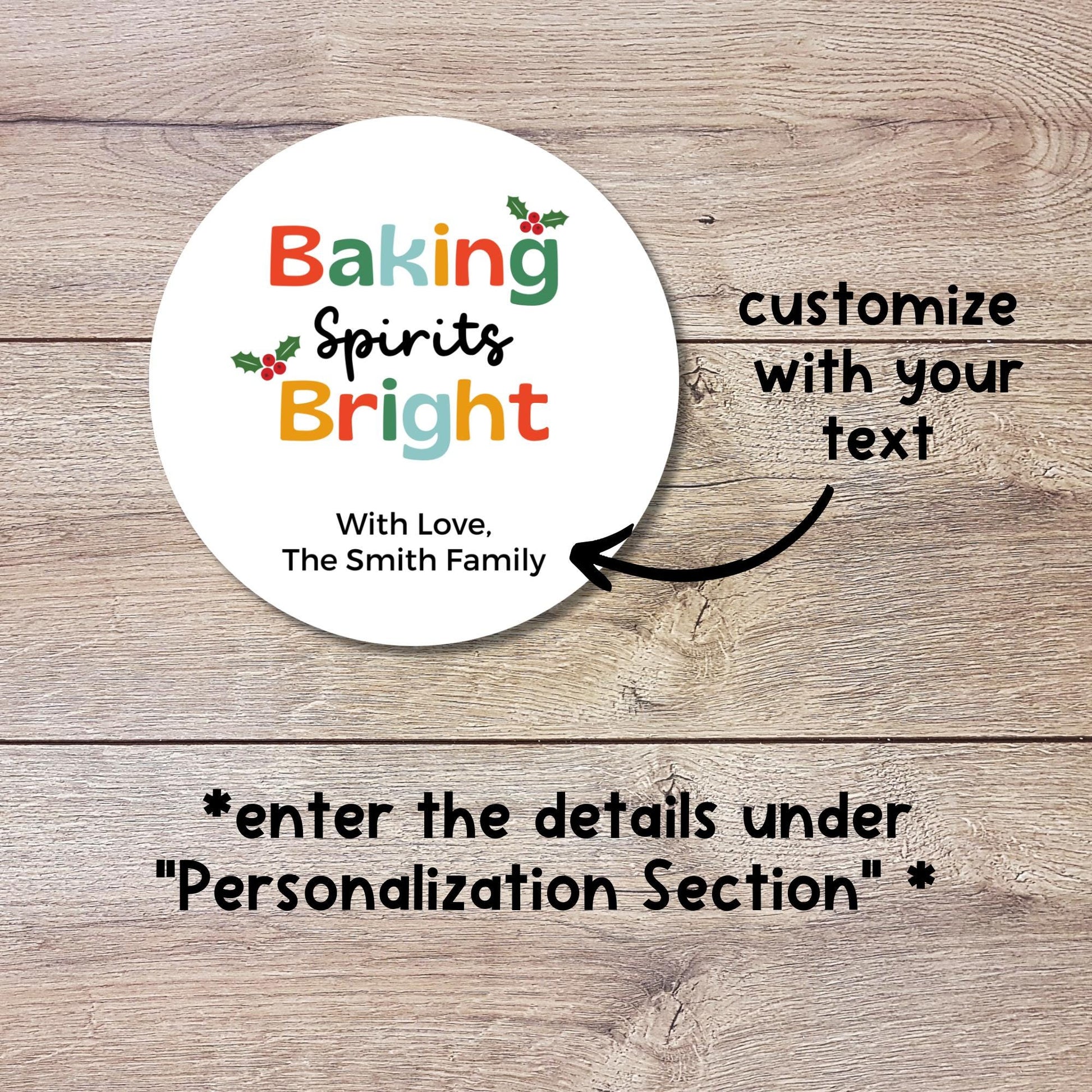 Baking Spirits Bright Stickers, Personalized Christmas Baked with Love Labels, Custom Holiday Homemade Bakery