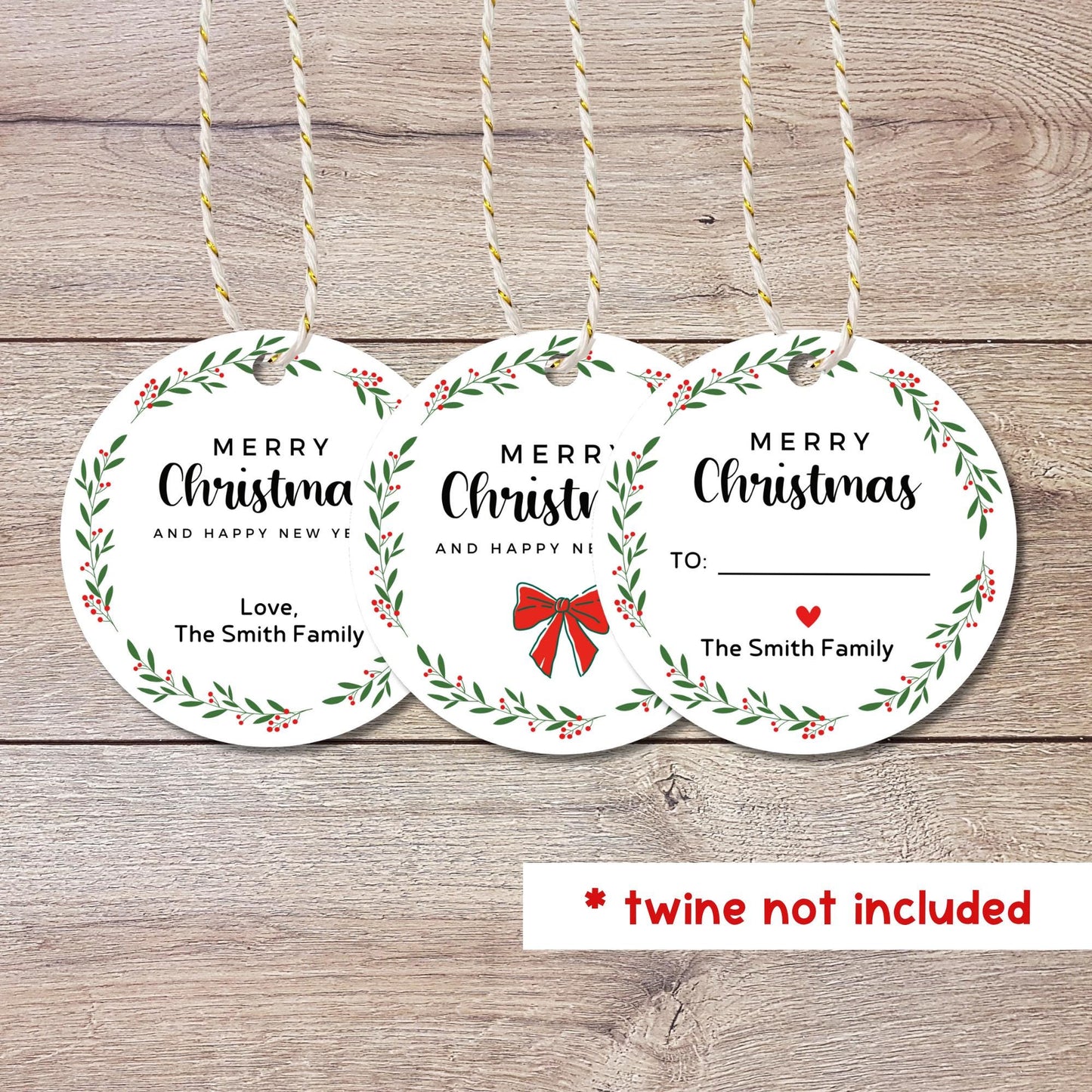 Floral Christmas Wreath Personalized Gift Tags, Custom Holiday To and From Tags for Gift Wrapping