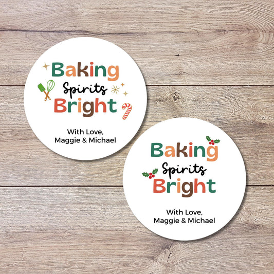 Baking Spirits Bright Stickers, Personalized Christmas Baked with Love Labels, Custom Holiday Homemade Bakery
