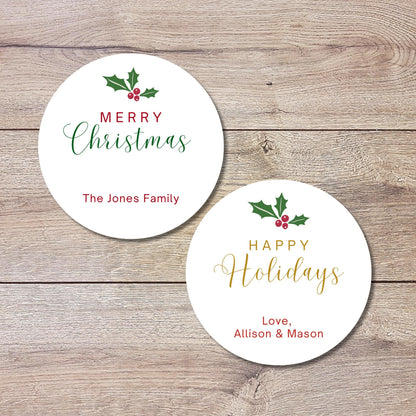 Merry Christmas Holly Personalized Stickers, Custom Holiday Name Labels for Gift Wrapping Party Favors