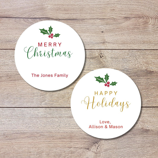 Merry Christmas Holly Personalized Stickers, Custom Holiday Name Labels for Gift Wrapping Party Favors