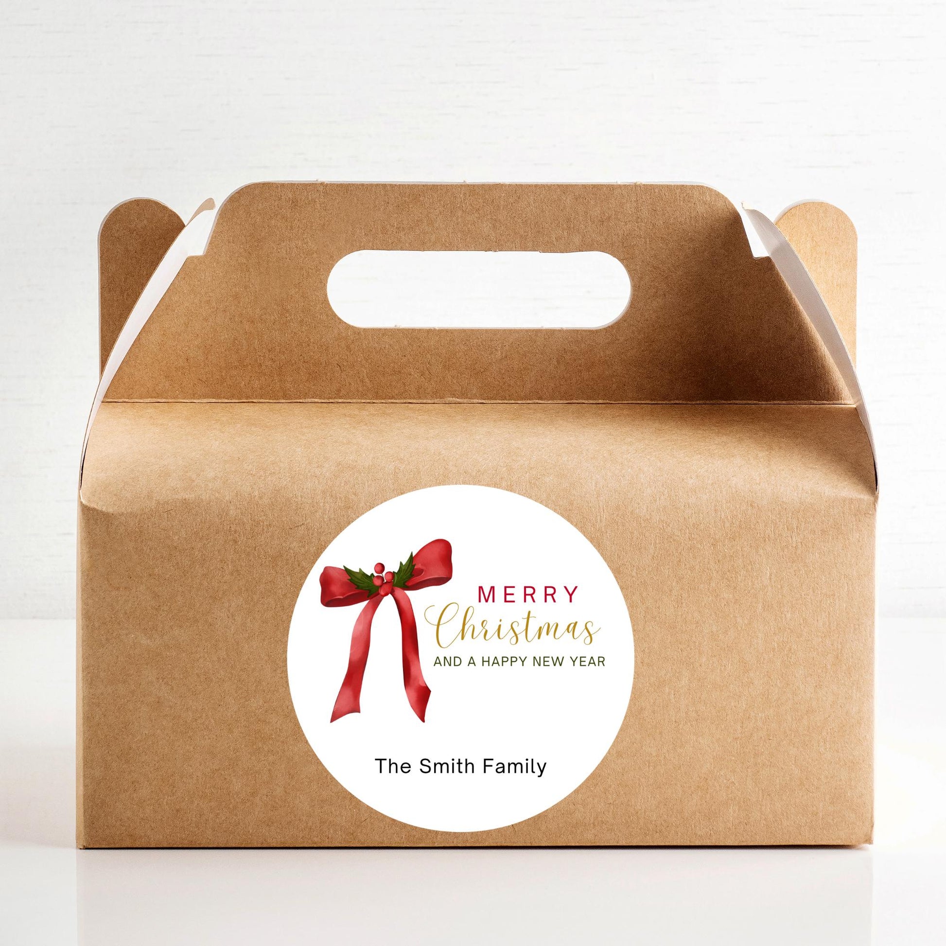 Christmas Bow Personalized Stickers, Custom Happy Holidays Name Labels for Gift Wrapping Party Favors