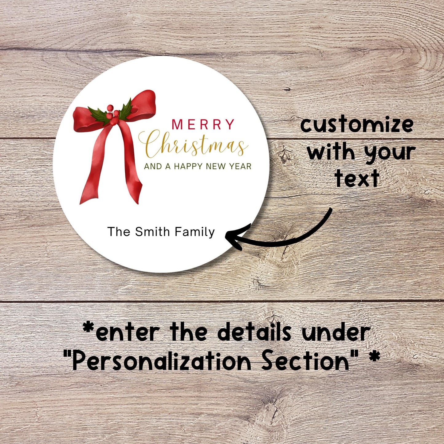 Christmas Bow Personalized Stickers, Custom Happy Holidays Name Labels for Gift Wrapping Party Favors