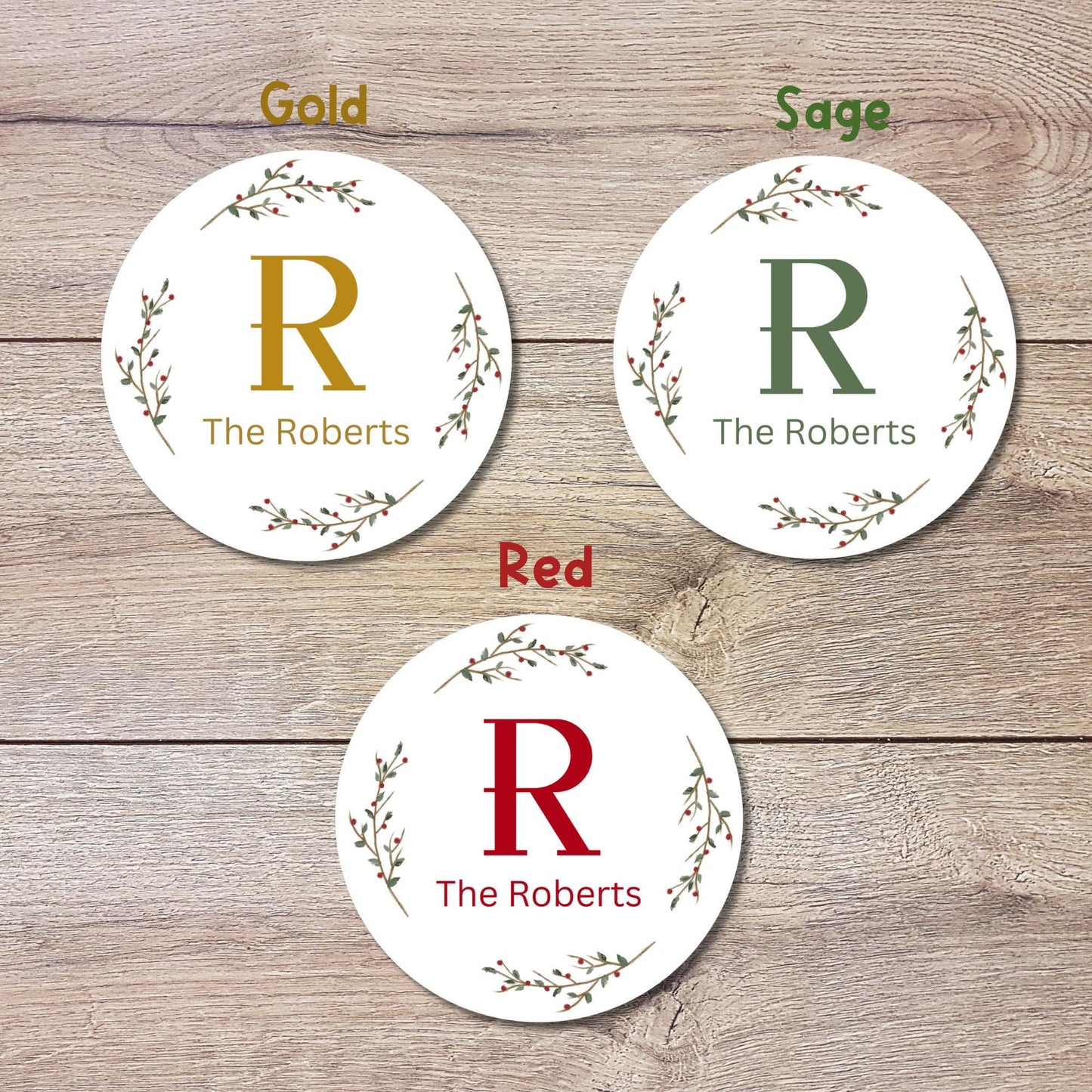 Christmas Floral Wreath Personalized Monogram Stickers, Custom Holiday Name Labels for Gift Wrapping Party Favors, Invitation Envelope Seals