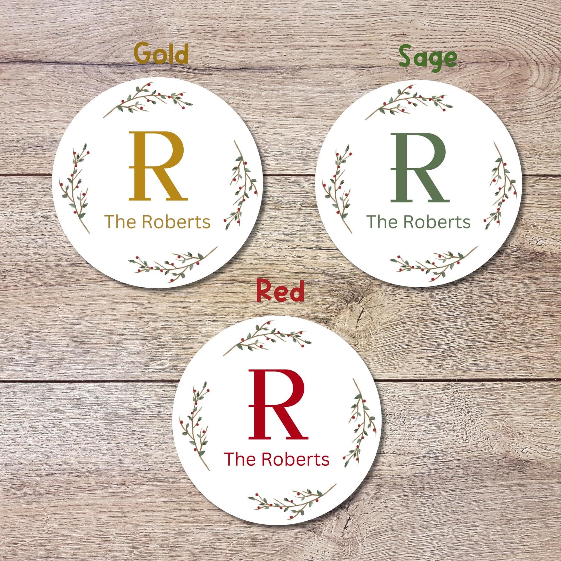 Christmas Floral Wreath Personalized Monogram Stickers, Custom Holiday Name Labels for Gift Wrapping Party Favors, Invitation Envelope Seals