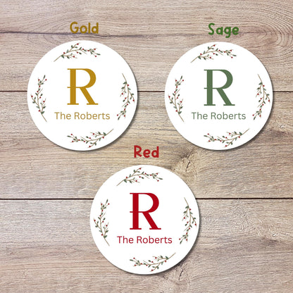 Christmas Floral Wreath Personalized Monogram Stickers, Custom Holiday Name Labels for Gift Wrapping Party Favors, Invitation Envelope Seals