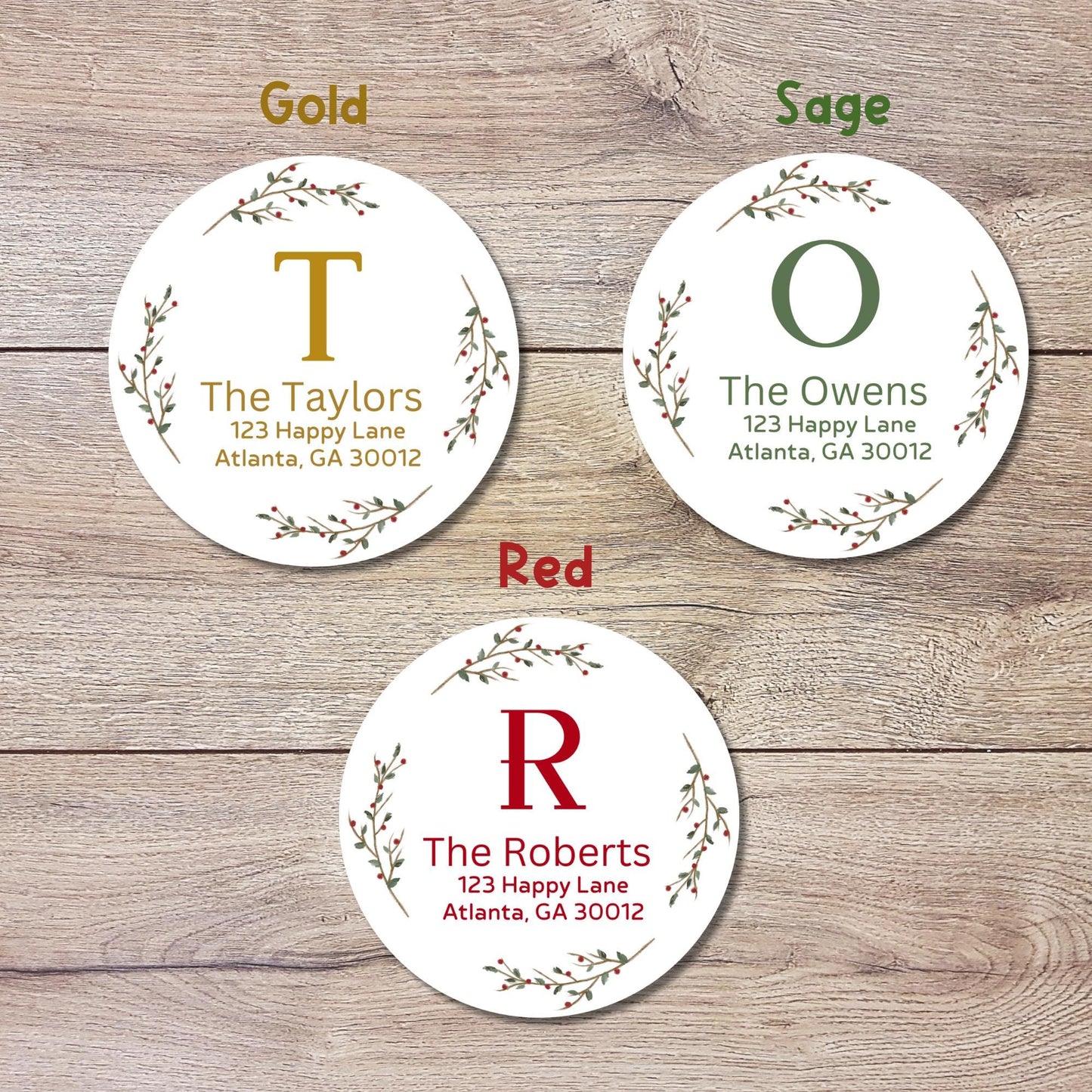 Christmas Floral Wreath Personalized Mongram Return Address Stickers, Custom Holiday Name Labels for Invitation Envelope Seals