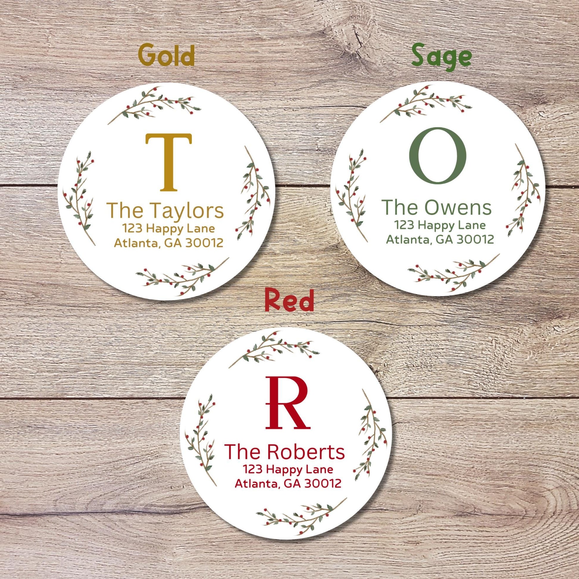 Christmas Floral Wreath Personalized Mongram Return Address Stickers, Custom Holiday Name Labels for Invitation Envelope Seals