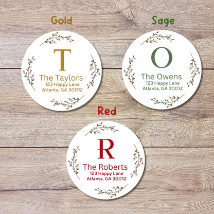 Christmas Floral Wreath Personalized Mongram Return Address Stickers, Custom Holiday Name Labels for Invitation Envelope Seals