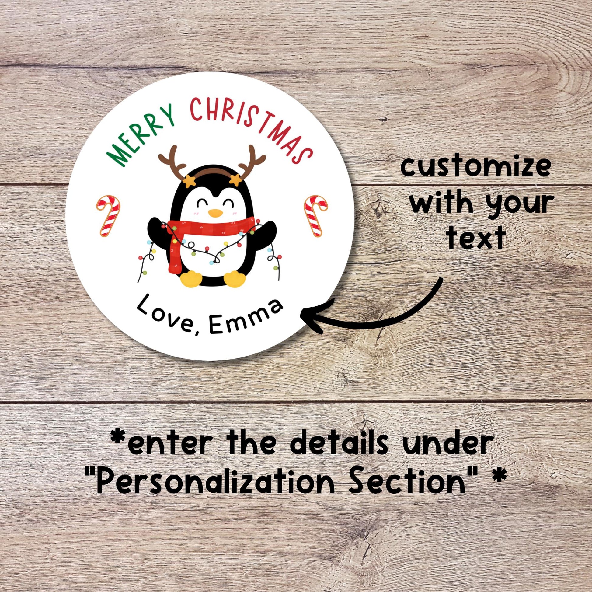 Merry Christmas Penguin Personalized Stickers, Custom Happy Holidays Name Labels for Gift Wrapping Party Favors