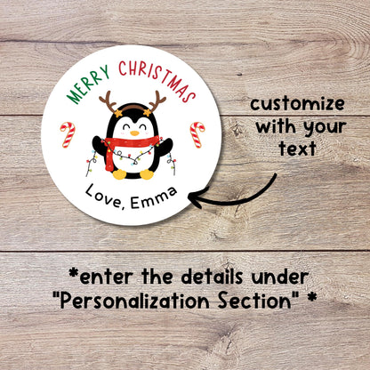 Merry Christmas Penguin Personalized Stickers, Custom Happy Holidays Name Labels for Gift Wrapping Party Favors