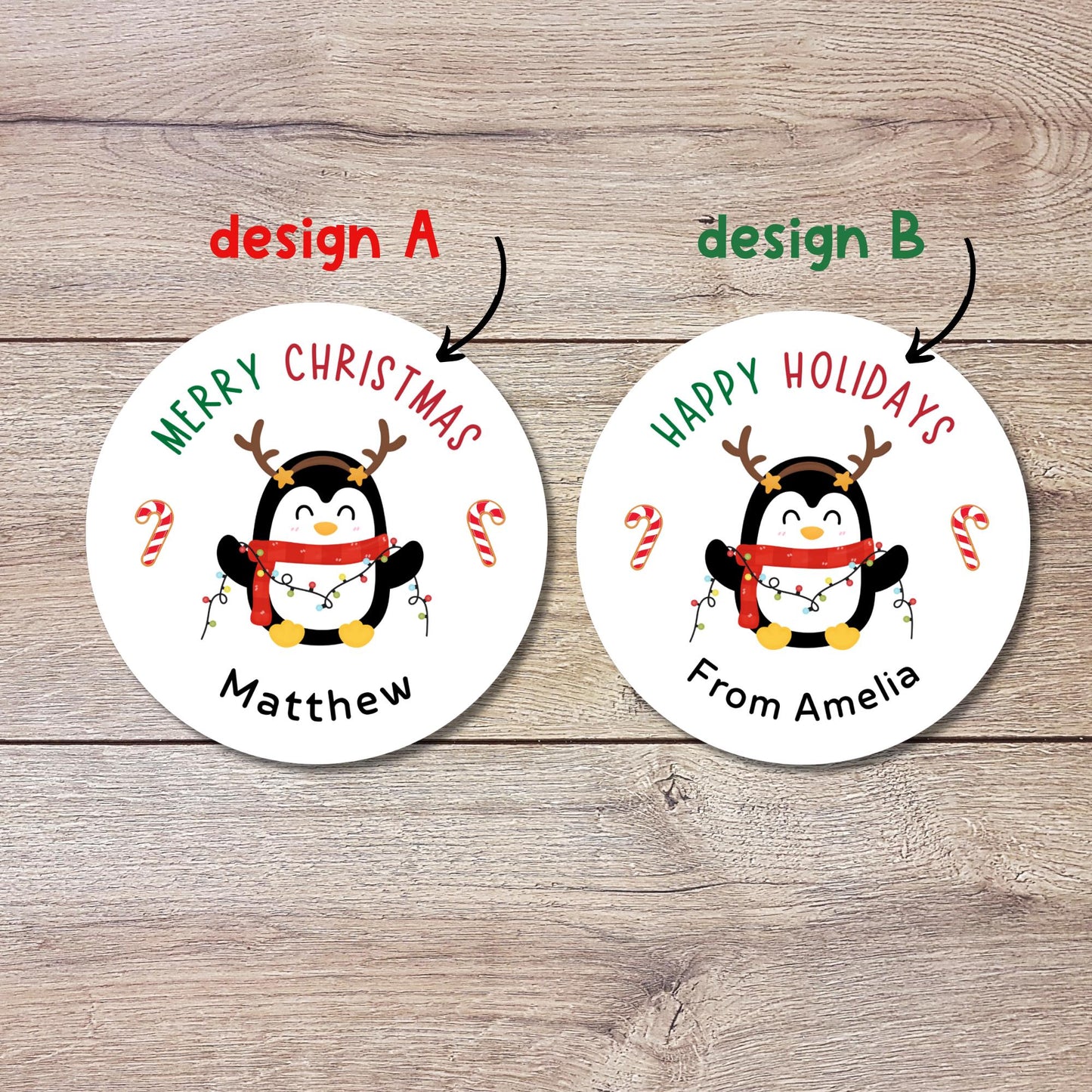 Merry Christmas Penguin Personalized Stickers, Custom Happy Holidays Name Labels for Gift Wrapping Party Favors