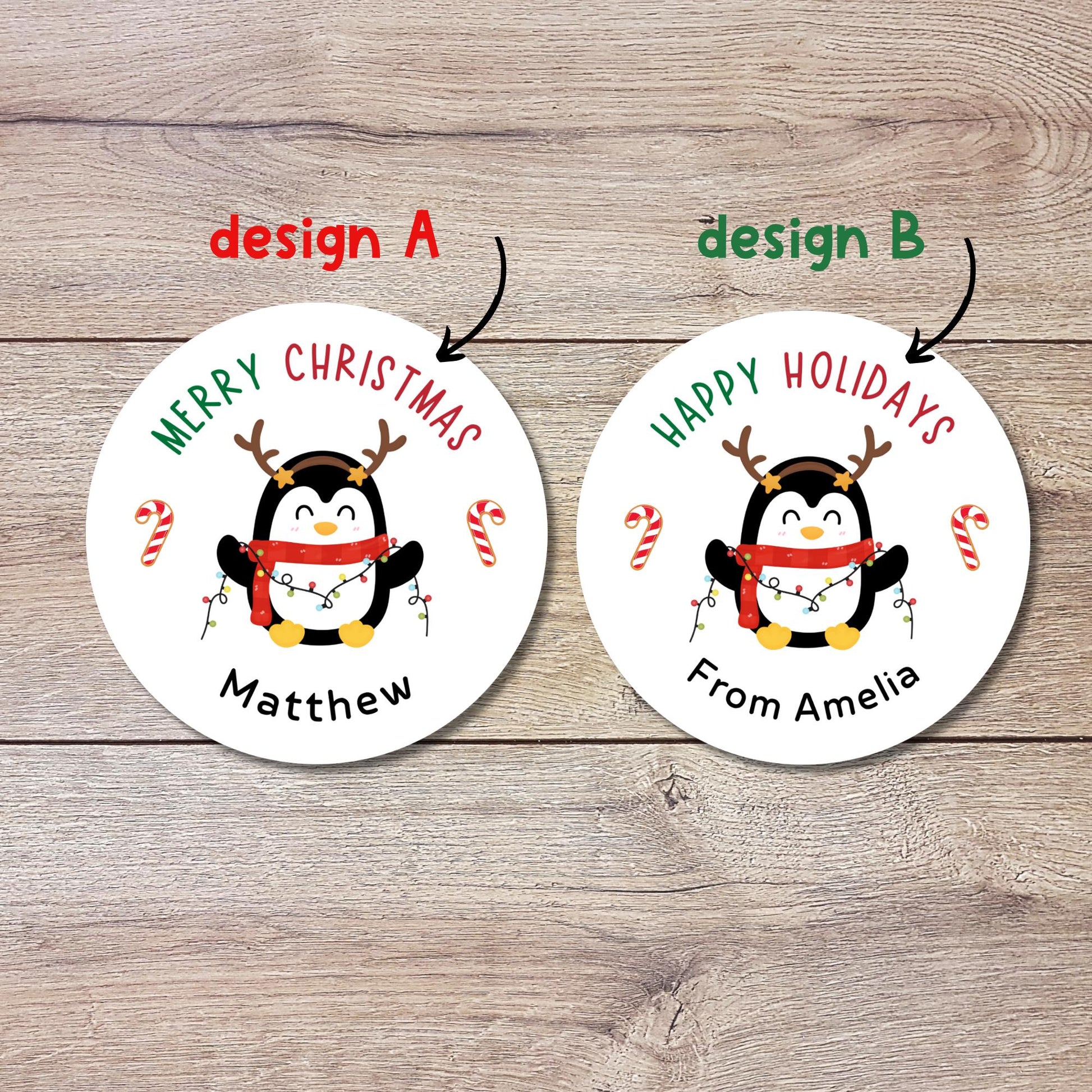 Merry Christmas Penguin Personalized Stickers, Custom Happy Holidays Name Labels for Gift Wrapping Party Favors