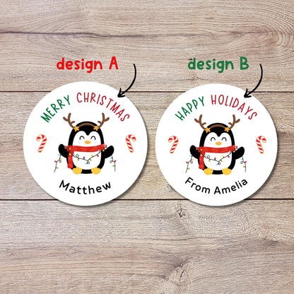Merry Christmas Penguin Personalized Stickers, Custom Happy Holidays Name Labels for Gift Wrapping Party Favors