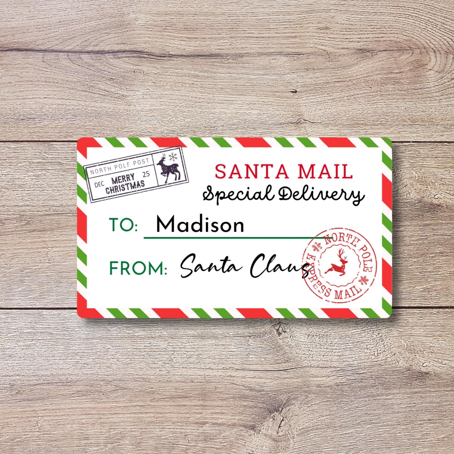 Christmas Santa Express Mail Custom Name Gift Stickers, Personalized Kids Holiday Present Gift Wrapping Labels