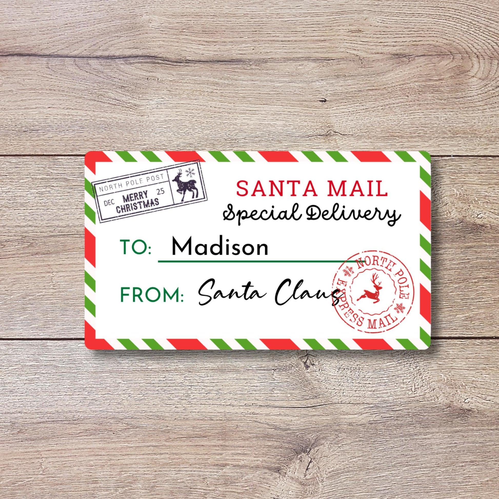 Christmas Santa Express Mail Custom Name Gift Stickers, Personalized Kids Holiday Present Gift Wrapping Labels