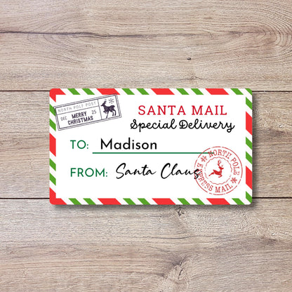 Christmas Santa Express Mail Custom Name Gift Stickers, Personalized Kids Holiday Present Gift Wrapping Labels