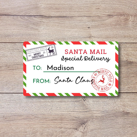 Christmas Santa Express Mail Custom Name Gift Stickers, Personalized Kids Holiday Present Gift Wrapping Labels