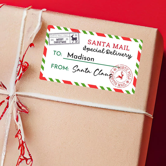 Christmas Santa Express Mail Custom Name Gift Stickers, Personalized Kids Holiday Present Gift Wrapping Labels