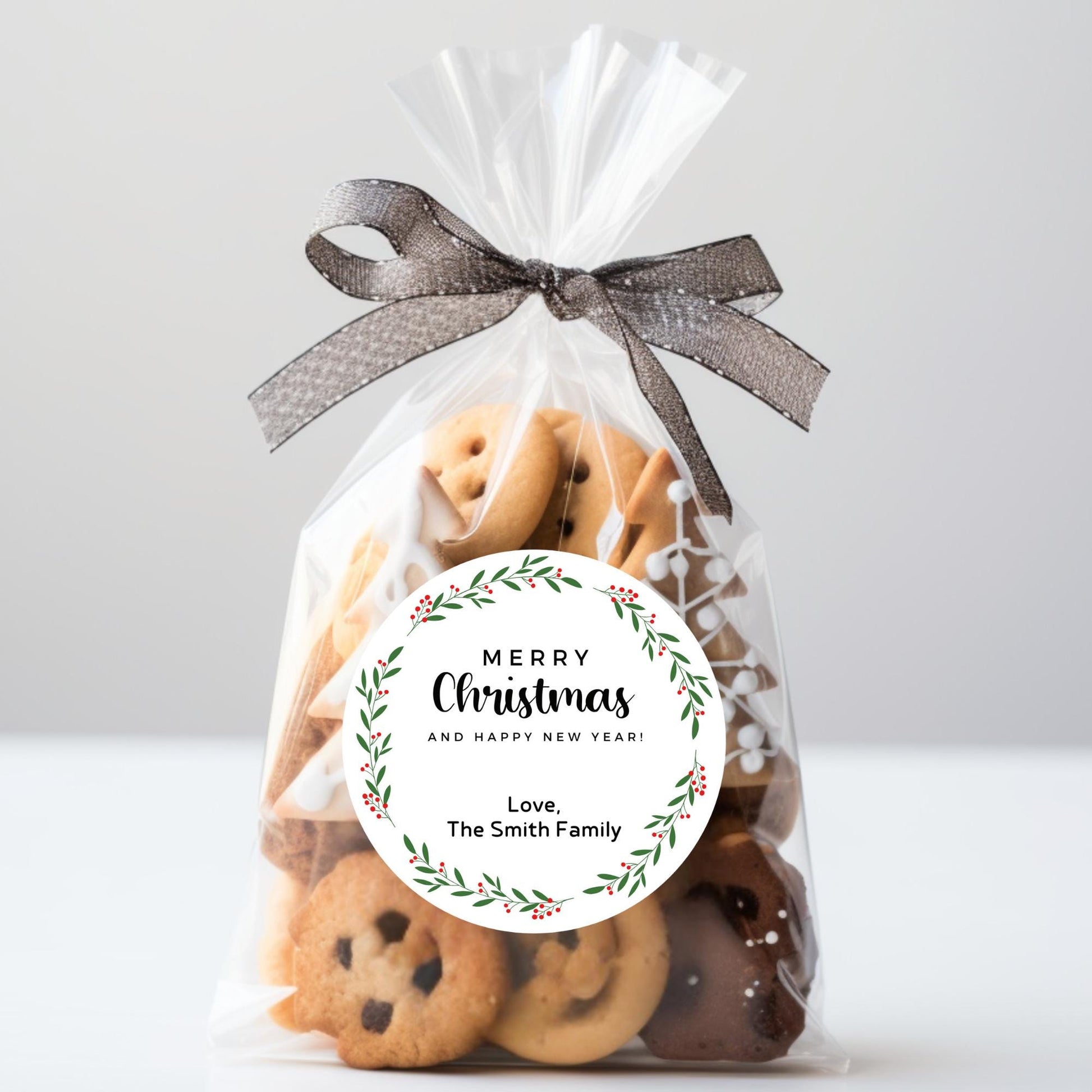 Merry Christmas & Happy New Year Floral Wreath Personalized Stickers, Custom Holidays Name Labels for Gift Wrapping Party Favors