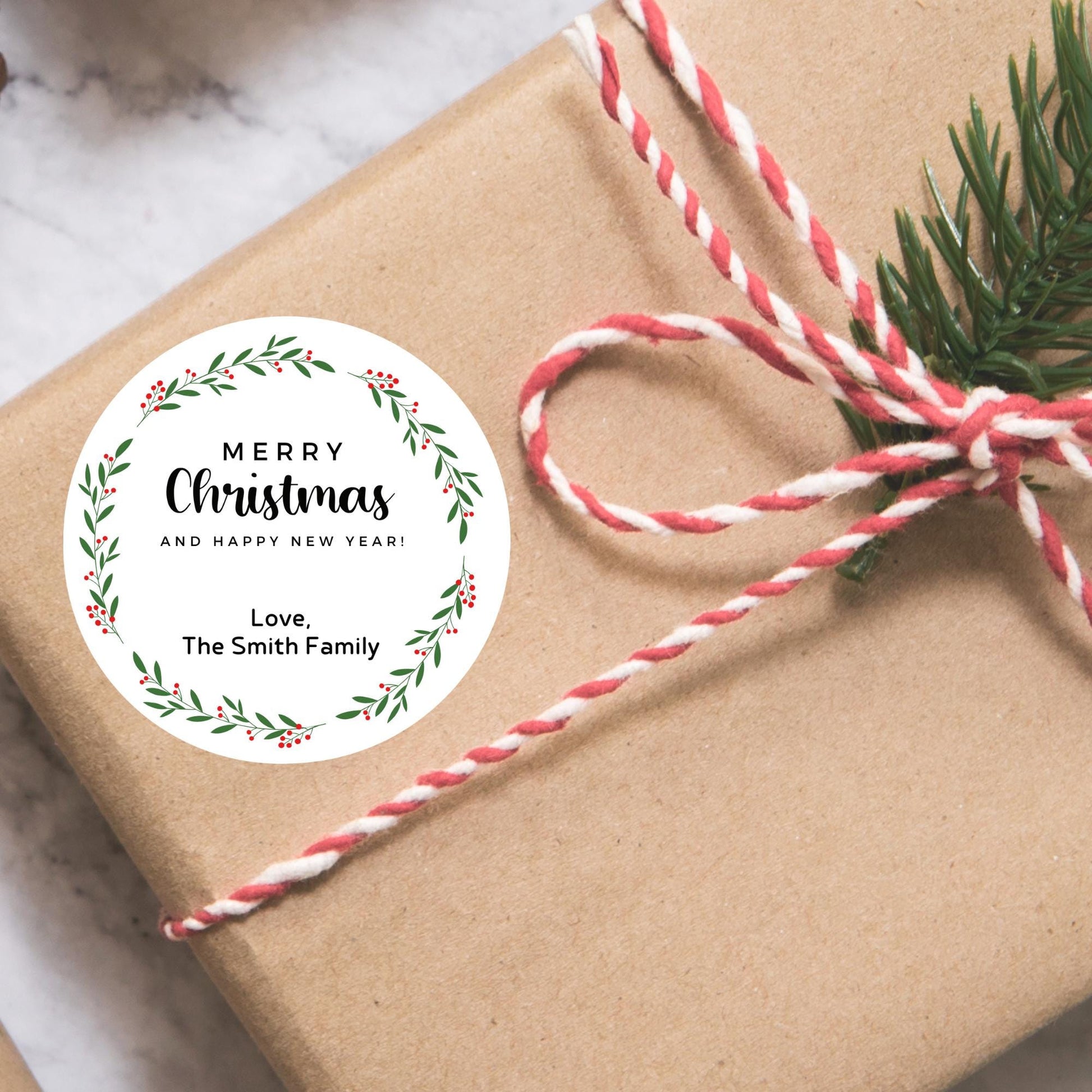 Merry Christmas & Happy New Year Floral Wreath Personalized Stickers, Custom Holidays Name Labels for Gift Wrapping Party Favors