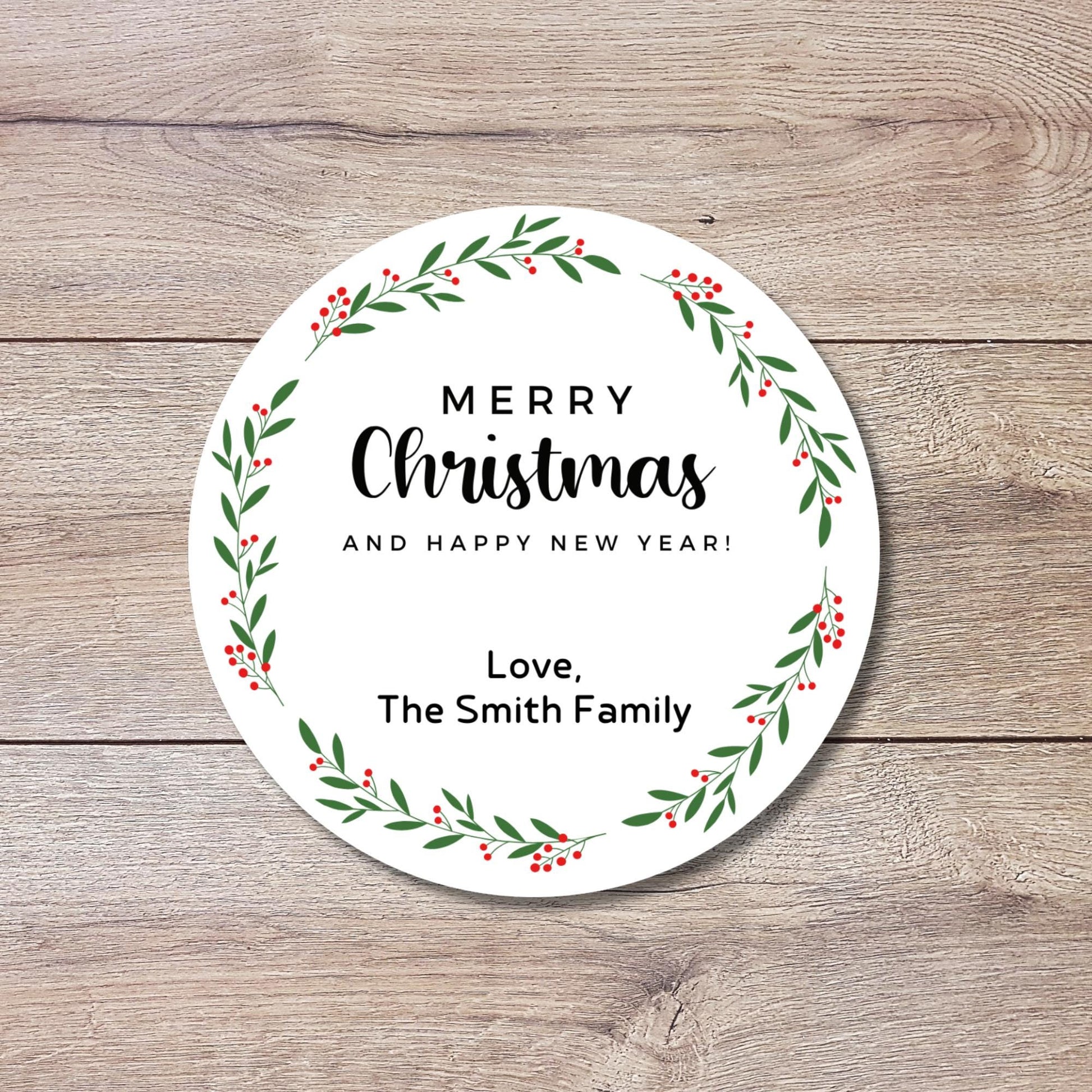 Merry Christmas & Happy New Year Floral Wreath Personalized Stickers, Custom Holidays Name Labels for Gift Wrapping Party Favors