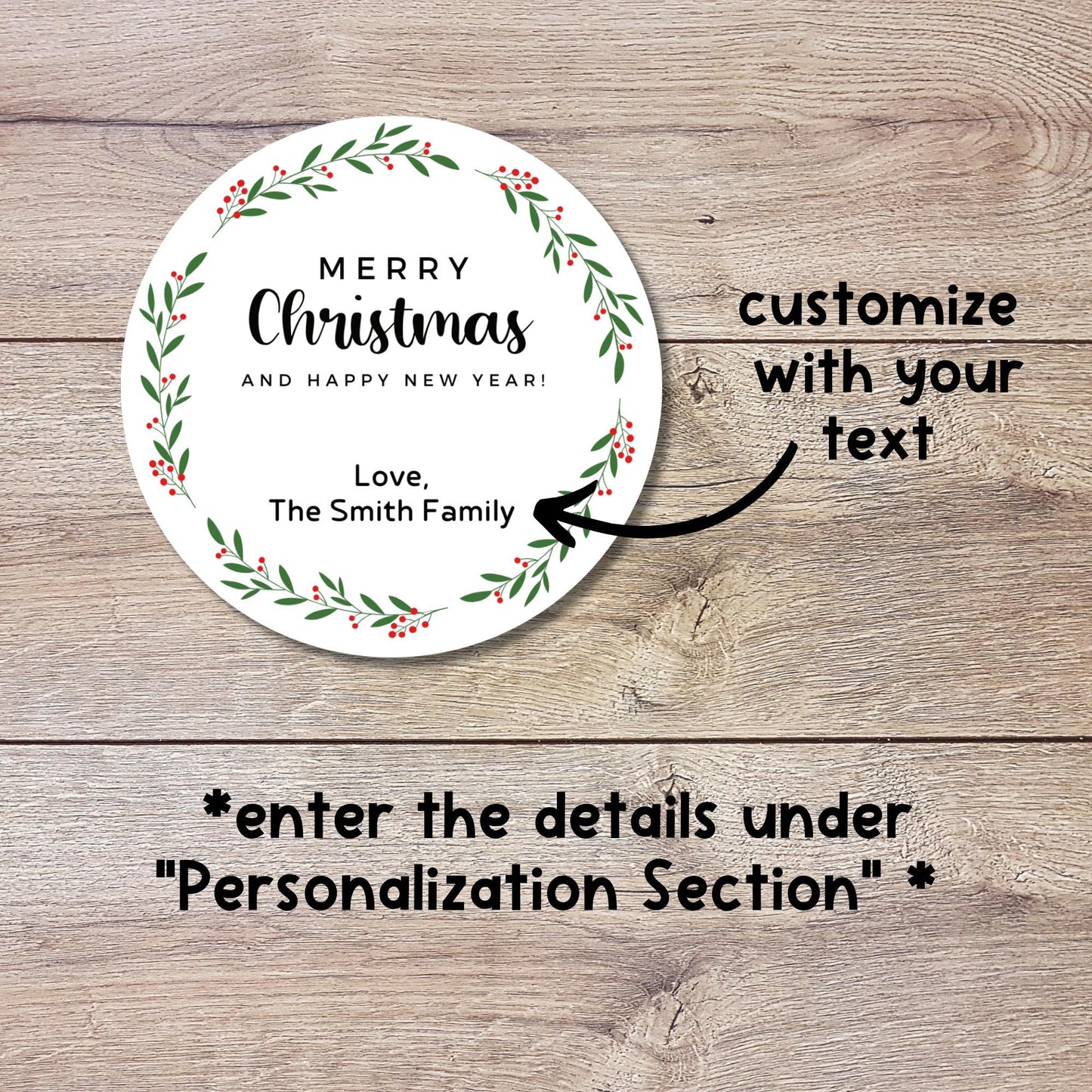 Merry Christmas & Happy New Year Floral Wreath Personalized Stickers, Custom Holidays Name Labels for Gift Wrapping Party Favors