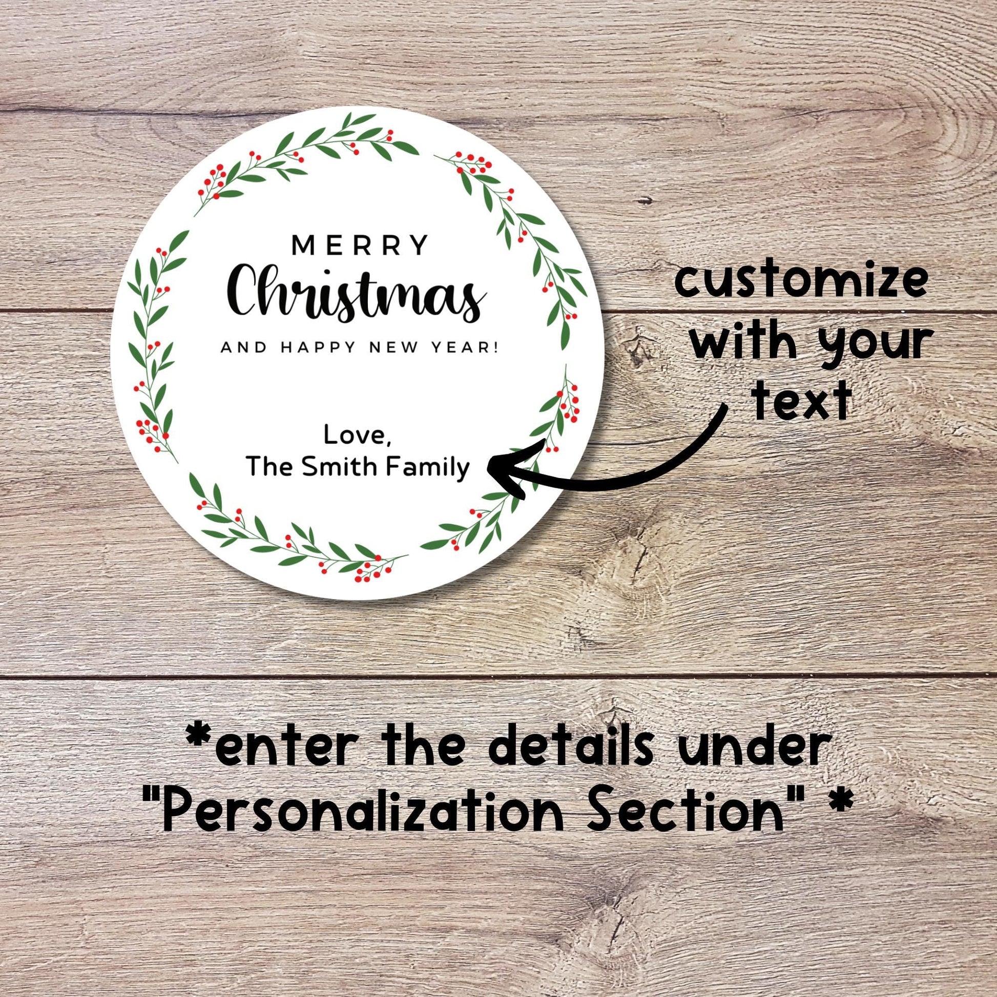 Merry Christmas & Happy New Year Floral Wreath Personalized Stickers, Custom Holidays Name Labels for Gift Wrapping Party Favors