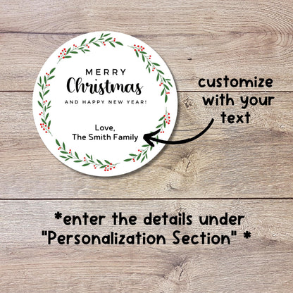 Merry Christmas & Happy New Year Floral Wreath Personalized Stickers, Custom Holidays Name Labels for Gift Wrapping Party Favors